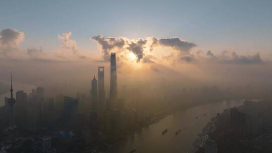 航拍上海陆家嘴外滩日出风光