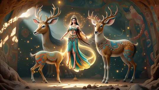 古风女神与双鹿奇幻场景