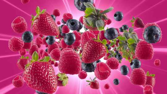 粉色紫红色背景下草莓覆盆子蓝莓的爆发