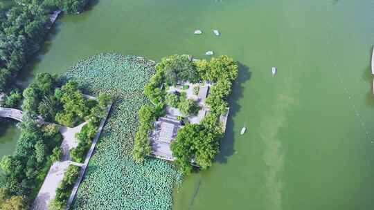 山东济南大明湖历公园航拍游船与风景