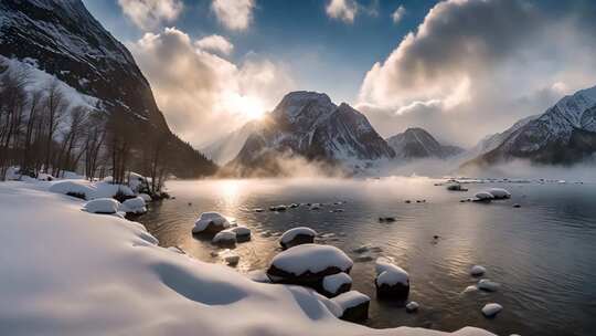 雪山湖泊冬日自然风光