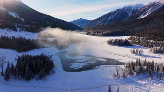 新疆阿勒泰地区喀纳斯景区雪景航拍