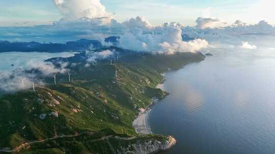 广东上川岛海岛风车山日出风力发电清洁能源