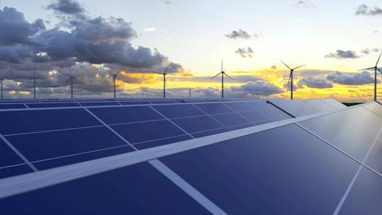 夕阳下光伏太阳能风能发电站新能源3D动画