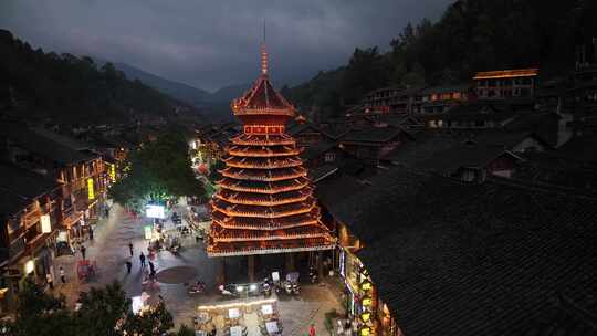 贵州黔东南肇兴侗寨古村落航拍夜景建筑风光