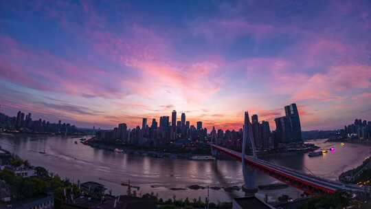 重庆城市晚霞日转夜广角夜景延时