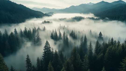 雾气弥漫的山林全景