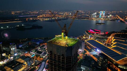 4K 航拍苏州园区ICC环贸广场封顶夜景