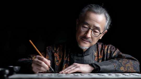 书法家专注创作水墨作品意境深远