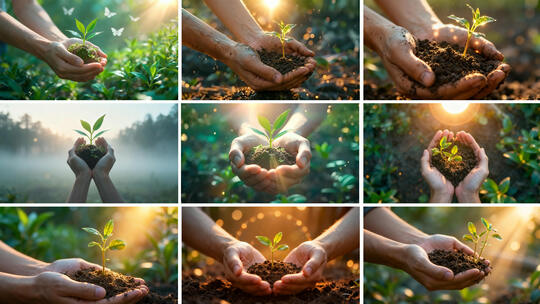 生命地球守护 双手捧幼苗阳光特写