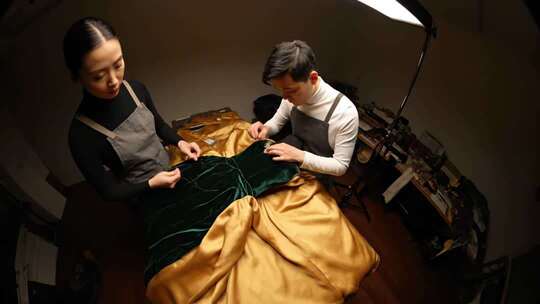 裁缝两人合作制作服装