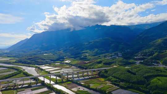 山川河流大江大河大山蓝天白云桥梁田地航拍