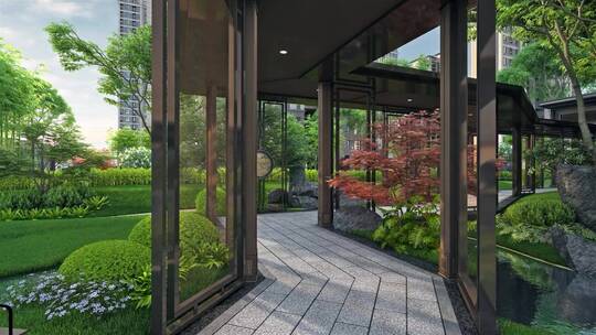 新中式小区园林走廊漫游镜头