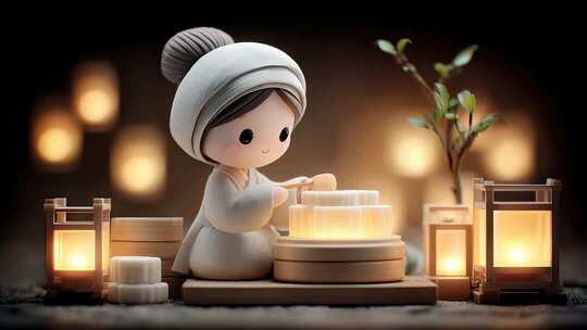 温馨灯光下和风人偶制作日式点心