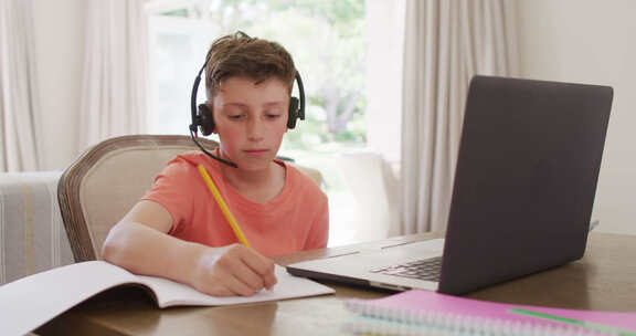 快乐的白人男孩在笔记本电脑上进行视频通话
