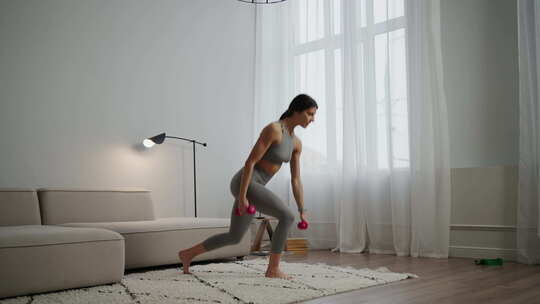 苗条美丽的女运动员蹲在客厅带哑铃家庭健身视频素材模板下载