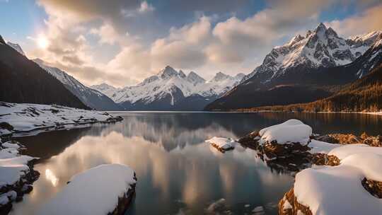 雪山湖泊自然风光全景