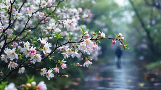 春雨中散步在桃花林中的人影