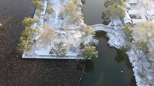 航拍山东济南大明湖景区冬季雪景