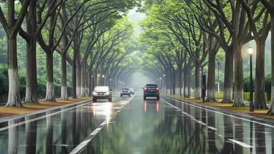 林荫道路上行驶的汽车
