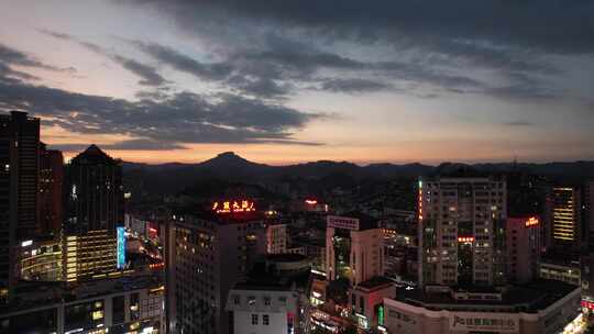 贵州黔东南凯里晚霞夜幕降临夜景航拍