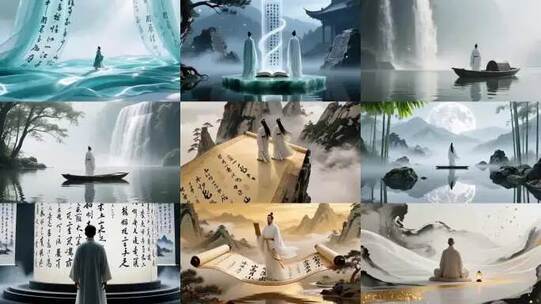 水墨卷轴古风山水意境，诗人古诗朗诵背景高清在线视频素材下载