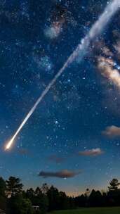 夜空中流星划过森林上空
