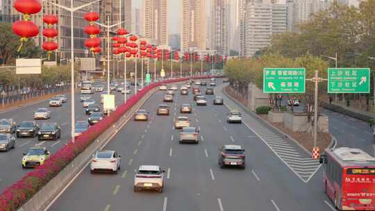 深圳滨河大道城市道路高楼车流景观