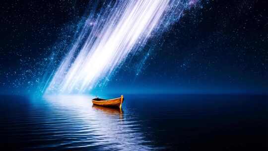 星空下海面小船梦幻场景