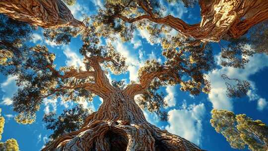 仰视参天大树与蓝天白云