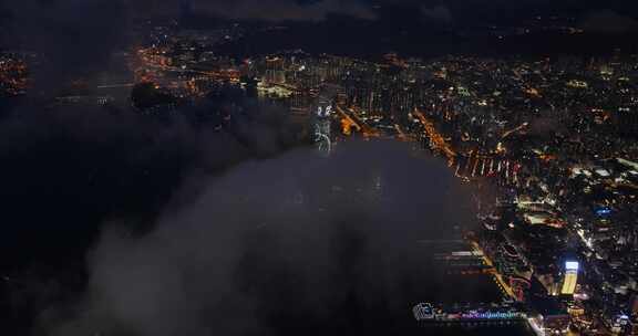 香港夜景航拍中环维多利亚港