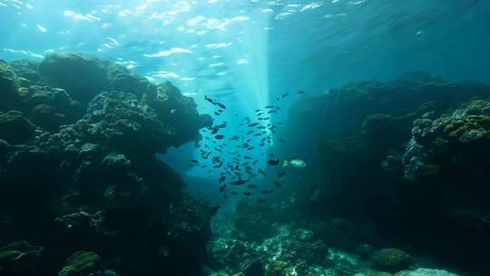 4k阳光透过海面大海里的鱼群海洋生物