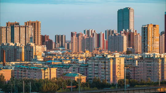 中国辽宁沈阳城市建筑日落延时摄影