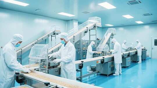 药厂工人于流水线作业场景