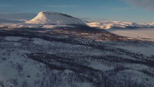 雪山下的树林全景