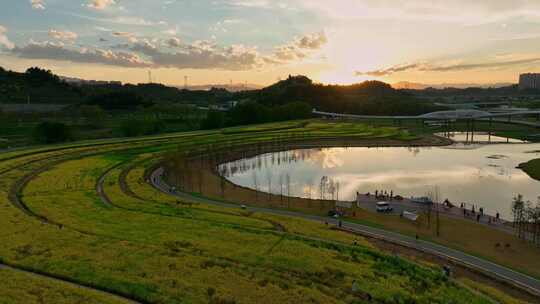 航拍宜昌卷桥河湿地公园日落风景