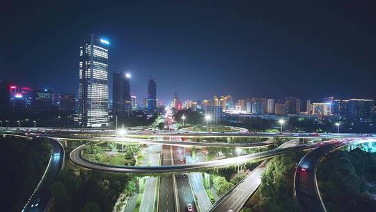 航拍夜晚杭州滨江时代大道高架中兴立交夜景