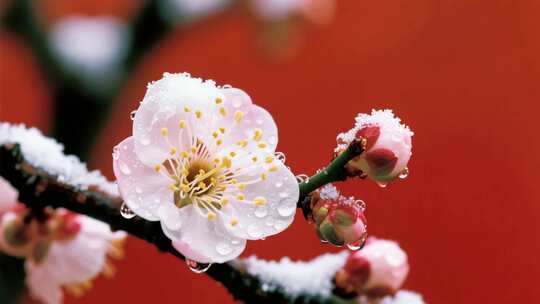覆雪带露梅花特写
