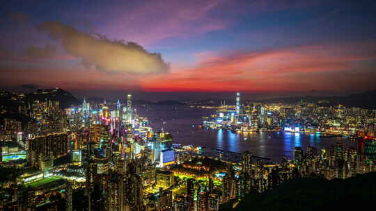 香港铜锣湾维多利亚港夜景航拍延时视频