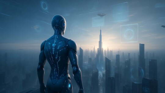 科技机器人眺望未来城市全息投影