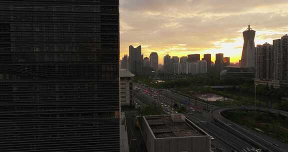 杭州城市交通中河高架环城北路夕阳航拍