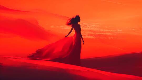 红色 美女 夕阳 沙漠