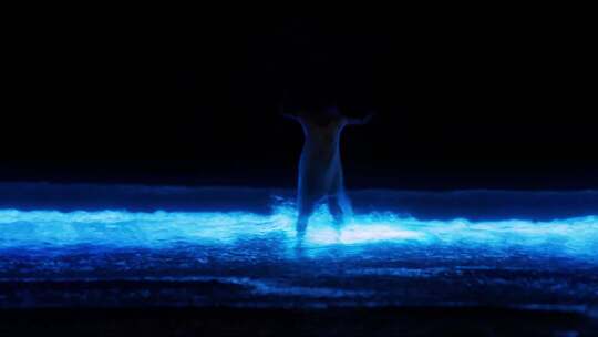 夜晚美女在海边跳舞蓝色荧光大海沙滩海浪