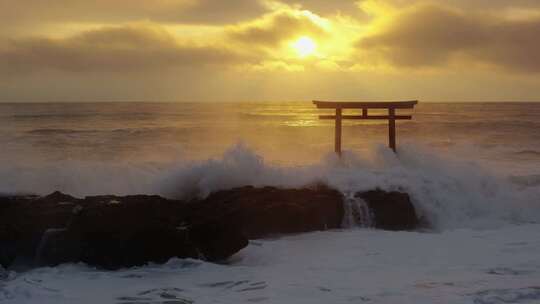 鸟居，门，波浪，海洋