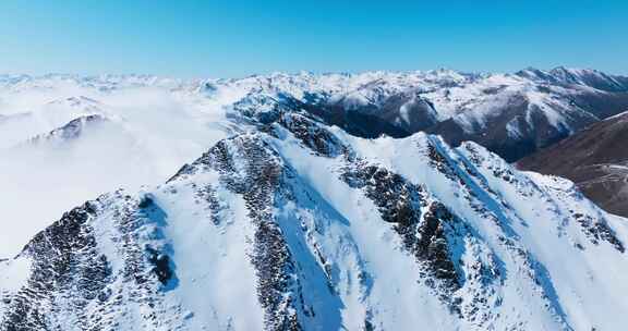 冬季航拍蓝天下的夹金山雪山风景