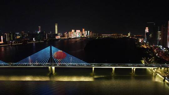 湖南长沙湘江三汊矶大桥夜景航拍