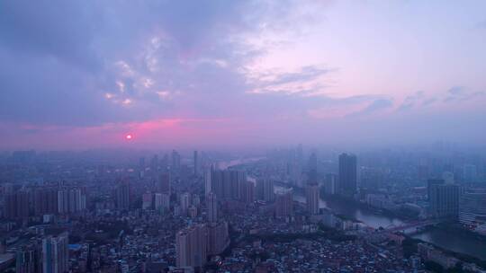 广州城市天空夕阳落日云雾缭绕航拍风光