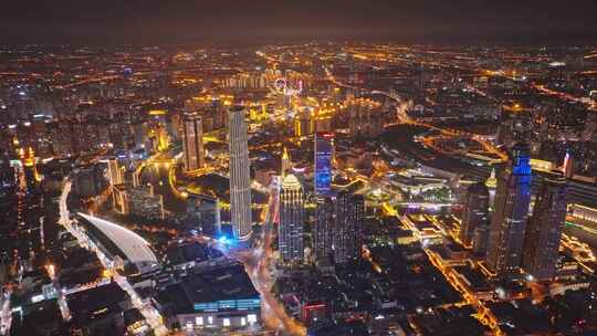 天津城市夜景航拍空镜