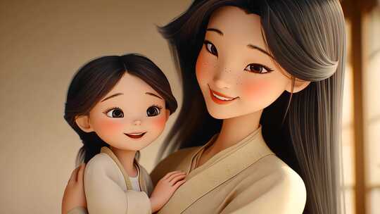亲子时光动画温馨家庭亲情母女情深动画人物