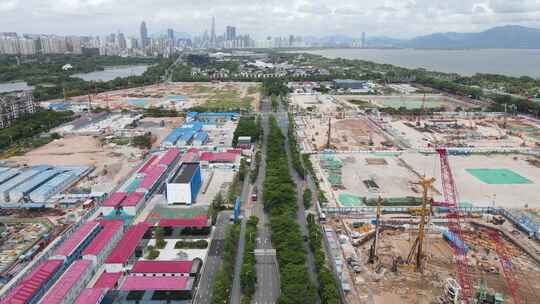 深圳滨海大道旁的超级总部基地建筑工地航拍